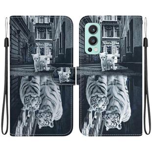 For OnePlus Nord 2 5G Crystal Texture Colored Drawing Leather Phone Case(Cat Tiger Reflection)