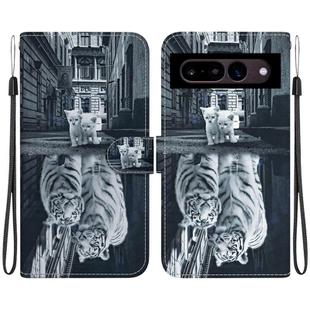 For Google Pixel 7 Crystal Texture Colored Drawing Leather Phone Case(Cat Tiger Reflection)