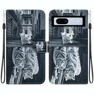 For Google Pixel 7a Crystal Texture Colored Drawing Leather Phone Case(Cat Tiger Reflection)