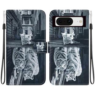 For Google Pixel 8 Crystal Texture Colored Drawing Leather Phone Case(Cat Tiger Reflection)