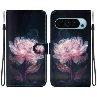 For Google Pixel 9 Pro Crystal Texture Colored Drawing Leather Phone Case(Purple Peony)