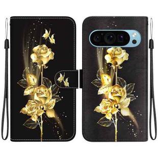 For Google Pixel 9 Pro Crystal Texture Colored Drawing Leather Phone Case(Gold Butterfly Rose)