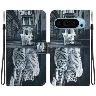 For Google Pixel 9 Pro Crystal Texture Colored Drawing Leather Phone Case(Cat Tiger Reflection)