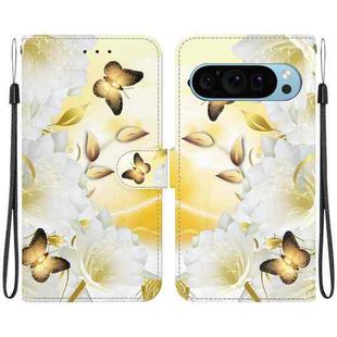 For Google Pixel 9 Pro Crystal Texture Colored Drawing Leather Phone Case(Gold Butterfly Epiphyllum)