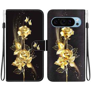 For Google Pixel 9 Crystal Texture Colored Drawing Leather Phone Case(Gold Butterfly Rose)