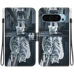 For Google Pixel 9 Crystal Texture Colored Drawing Leather Phone Case(Cat Tiger Reflection)