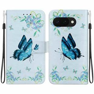 For Google Pixel 9a Crystal Texture Colored Drawing Leather Phone Case(Blue Pansies)