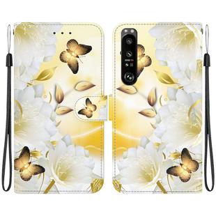 For Sony Xperia 1 III Crystal Texture Colored Drawing Leather Phone Case(Gold Butterfly Epiphyllum)