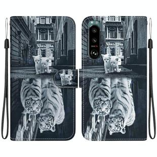 For Sony Xperia 5 III Crystal Texture Colored Drawing Leather Phone Case(Cat Tiger Reflection)