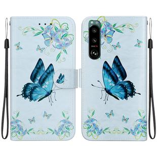 For Sony Xperia 5 III Crystal Texture Colored Drawing Leather Phone Case(Blue Pansies)