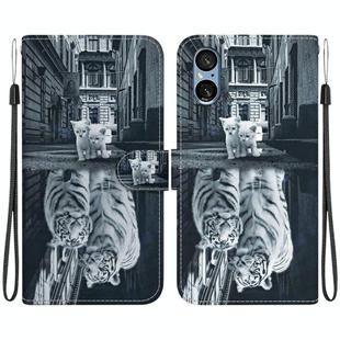For Sony Xperia 5 V Crystal Texture Colored Drawing Leather Phone Case(Cat Tiger Reflection)
