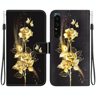 For Sony Xperia 1 IV Crystal Texture Colored Drawing Leather Phone Case(Gold Butterfly Rose)