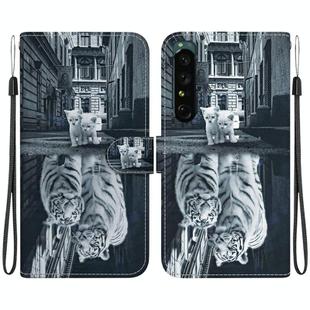 For Sony Xperia 1 IV Crystal Texture Colored Drawing Leather Phone Case(Cat Tiger Reflection)