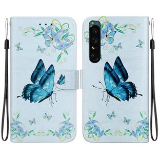 For Sony Xperia 1 IV Crystal Texture Colored Drawing Leather Phone Case(Blue Pansies)