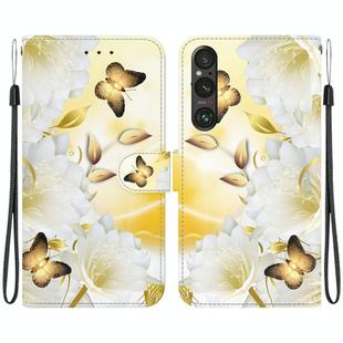 For Sony Xperia 1 V 2023 Crystal Texture Colored Drawing Leather Phone Case(Gold Butterfly Epiphyllum)