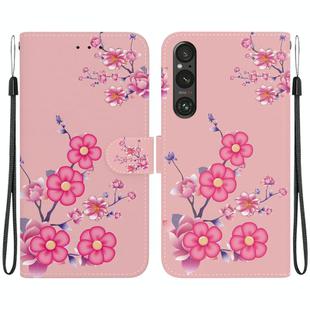 For Sony Xperia 1 V 2023 Crystal Texture Colored Drawing Leather Phone Case(Cherry Blossoms)
