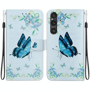 For Sony Xperia 1 V 2023 Crystal Texture Colored Drawing Leather Phone Case(Blue Pansies)