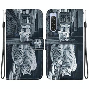 For Sony Xperia 10 V 2023 Crystal Texture Colored Drawing Leather Phone Case(Cat Tiger Reflection)
