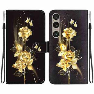 For Sony Xperia 1 VI Crystal Texture Colored Drawing Leather Phone Case(Gold Butterfly Rose)