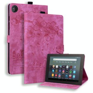 For Amazon Fire HD 10 2017 Cartoon Sakura Cat Embossed Leather Tablet Case(Rose Red)