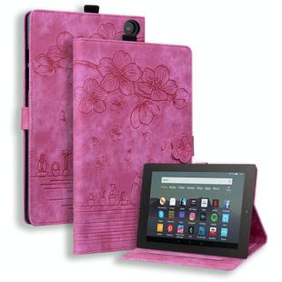 For Amazon Fire HD8 2020 / 2022 Cartoon Sakura Cat Embossed Leather Tablet Case(Rose Red)