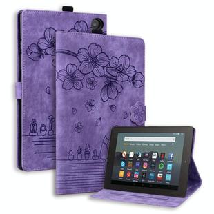 For Amazon Fire HD8 2020 / 2022 Cartoon Sakura Cat Embossed Leather Tablet Case(Purple)
