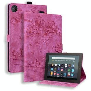 For Amazon Fire HD8 2015-2018 Cartoon Sakura Cat Embossed Leather Tablet Case(Rose Red)