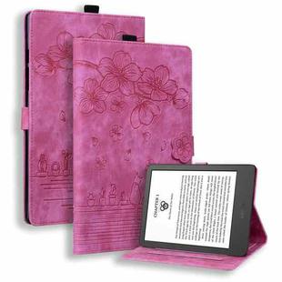 For Amazon Kindle Paperwhite 12th 2024 Cartoon Sakura Cat Embossed Leather Tablet Case(Rose Red)