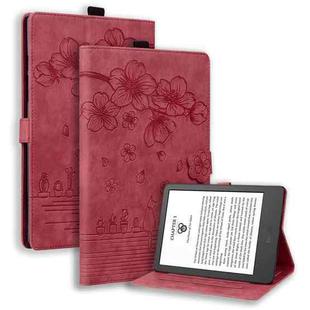 For Amazon Kindle Paperwhite 12th 2024 Cartoon Sakura Cat Embossed Leather Tablet Case(Red)