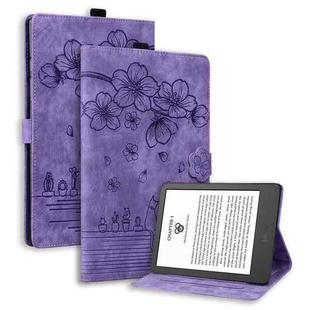 For Amazon Kindle Paperwhite 12th 2024 Cartoon Sakura Cat Embossed Leather Tablet Case(Purple)