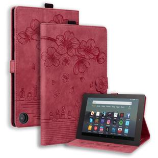 For Amazon Fire HD10 /HD10 Plus 2021 Cartoon Sakura Cat Embossed Smart Leather Tablet Case(Red)