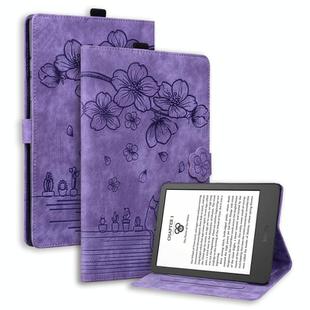 For Amazon Kindle 6.0 11th 2022 Cartoon Sakura Cat Embossed Smart Leather Tablet Case(Purple)