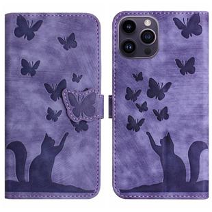 For iPhone 15 Pro Butterfly Cat Embossing Flip Leather Phone Case(Purple)