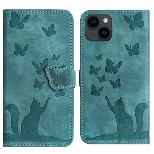 For iPhone 15 Butterfly Cat Embossing Flip Leather Phone Case(Wathet)