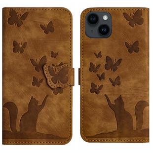 For iPhone 15 Butterfly Cat Embossing Flip Leather Phone Case(Brown)