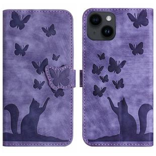 For iPhone 14 Plus Butterfly Cat Embossing Flip Leather Phone Case(Purple)