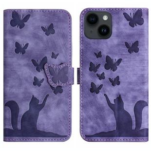 For iPhone 14 Butterfly Cat Embossing Flip Leather Phone Case(Purple)