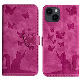 For iPhone 14 Butterfly Cat Embossing Flip Leather Phone Case(Pink)