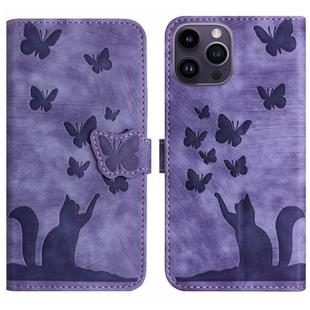 For iPhone 14 Pro Max Butterfly Cat Embossing Flip Leather Phone Case(Purple)