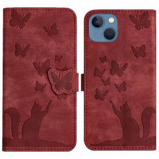 For iPhone 13 Butterfly Cat Embossing Flip Leather Phone Case(Red)