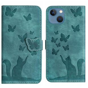 For iPhone 13 Butterfly Cat Embossing Flip Leather Phone Case(Wathet)