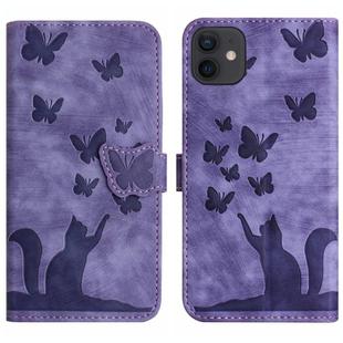 For iPhone 12 / 12 Pro Butterfly Cat Embossing Flip Leather Phone Case(Purple)