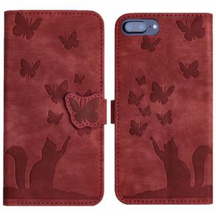 For iPhone 8 Plus / 7 Plus Butterfly Cat Embossing Flip Leather Phone Case(Red)