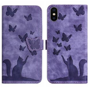 For iPhone X / XS Butterfly Cat Embossing Flip Leather Phone Case(Purple)
