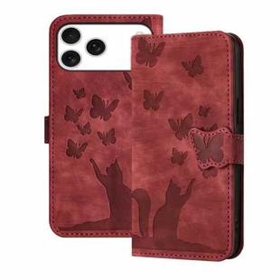 For iPhone 17 Pro Max Butterfly Cat Embossing Flip Leather Phone Case(Red)