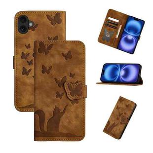 For iPhone 17 Butterfly Cat Embossing Flip Leather Phone Case(Brown)