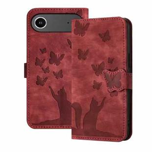 For iPhone 17 Air Butterfly Cat Embossing Flip Leather Phone Case(Red)