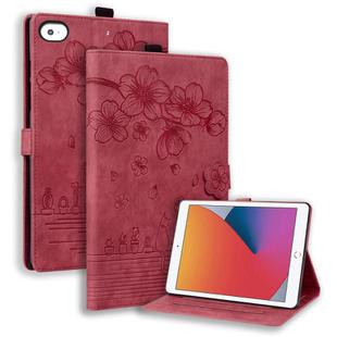 For iPad mini 5 / 4 / 3 / 2 / 1 Cartoon Sakura Cat Embossed Smart Leather Tablet Case(Red)