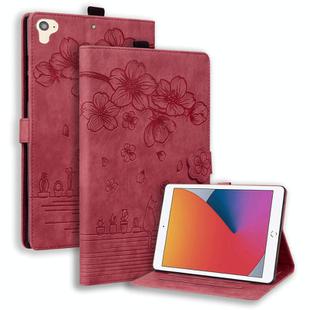 For iPad Pro 9.7 / 9.7 2018 / 2017 Cartoon Sakura Cat Embossed Smart Leather Tablet Case(Red)