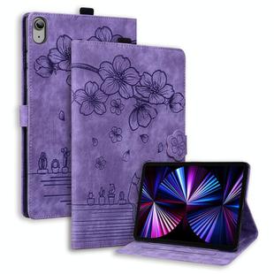 For iPad 10th Gen 10.9 2022 Cartoon Sakura Cat Embossed Smart Leather Tablet Case(Purple)